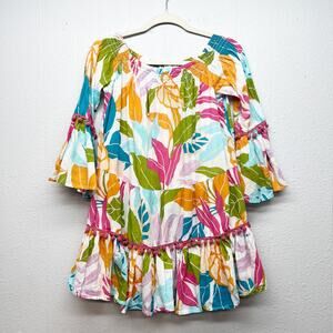 True Destinations Floral Off Shoulder Ruffle Top Womens Medium Tropical Colorful